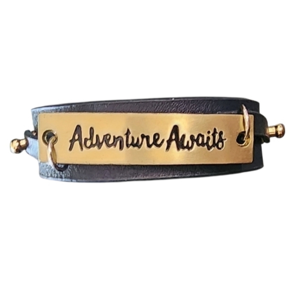 💥4 For $20💥Adventure Awaits Black and Gold Faux Leather Bracelet